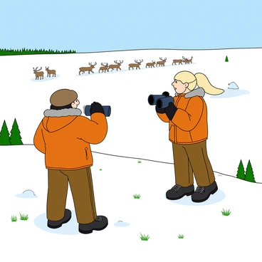 Two caribou trackers are standing on a snowy landscape, dressed in warm winter gear, including heavy jackets and furry hats. One tracker has dark hair peeking out from under his hat, while the other has light hair tied back in a ponytail. They are holding large black binoculars, intently observing a herd of caribou in the distance. The caribou are scattered across the snowy terrain, with their distinctive antlers visible against the white backdrop. The sky is bright and clear, hinting at a crisp winter day, and there are a few scattered evergreen trees in the foreground. The trackers are positioned on a small hill, with a few patches of grass peeking through the snow around them.