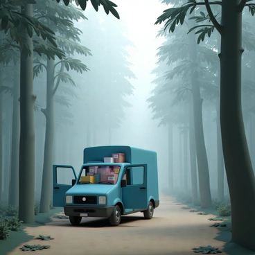 A transport van, painted in a vibrant blue color, is positioned on a narrow, winding dirt road in a dense forest. The van has its side doors open, revealing neatly stacked packages inside, some of which are brightly colored and labeled with addresses. Surrounding the van, tall trees with thick trunks and a lush canopy are partially obscured by an ethereal fog that blankets the ground. Soft rays of light peek through the fog, highlighting the van and creating a sense of depth in the forest. The ground is covered with fallen leaves and patches of soft moss, enhancing the natural setting. The atmosphere is tranquil yet mysterious, with hints of wildlife sounds echoing subtly in the background.