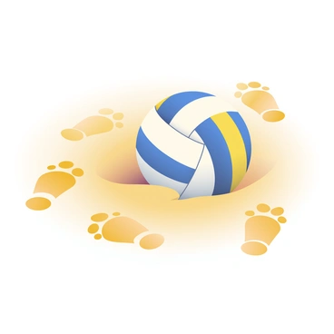 A volleyball partially buried in golden beach sand with footprints around it