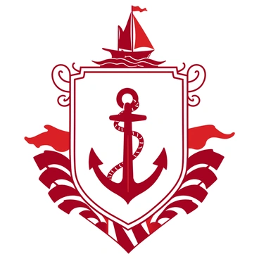 A duotone illustration features a white shield at the center, adorned with intricate designs showcasing nautical themes. In the middle of the shield, there is a prominent red anchor, elegantly intertwined with rope. Surrounding the anchor, stylized red waves ripple outward, creating a dynamic sense of movement. Above the shield, a small red ship's silhouette sails confidently, with sails billowing in an unseen wind. The background consists of alternating white and red patterns that evoke the feeling of the sea, enhancing the overall nautical theme.
