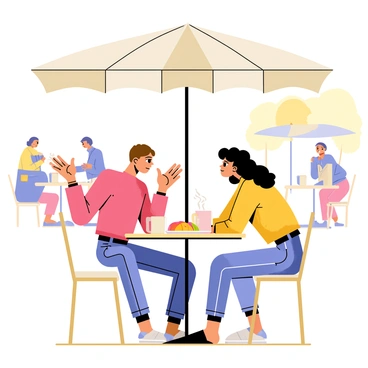 Two friends sitting at a round café table under a large umbrella. One friend, with short brown hair, is leaning forward, gesturing animatedly with both hands. The other friend, with long curly hair, is sitting back slightly, arms crossed, looking intently at the first friend. There are two mugs of steaming coffee on the table, and a small plate of pastries between them. The background includes other tables with people enjoying their drinks, and a bright sunny day with trees in the distance.