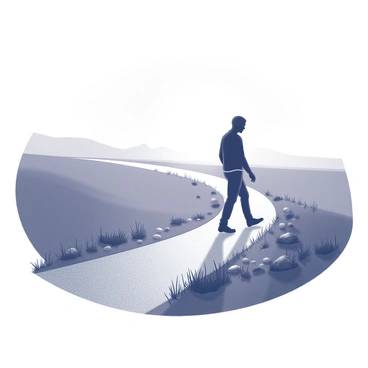 A silhouette of a person walking along a winding path. The figure is in motion, with one foot raised as if taking a step. The path is well-defined, bordered by grass and small rocks on either side. In the distance, there is a bright horizon that suggests the onset of dawn or dusk, illuminating the landscape. The silhouette is framed against the light, creating a stark contrast between the dark figure and the brightening sky.