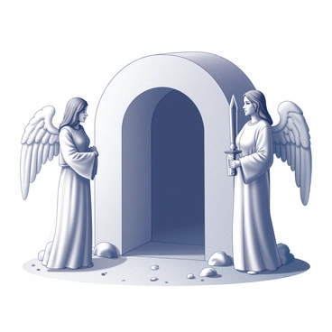 Two angels standing solemnly beside the entrance of an empty tomb. The first angel has a tall, slender form, with flowing robes that create an impression of grace. The second angel also has an imposing stature, holding a large, ornate sword. Both angels have wings that appear majestic and spread wide behind them. They are positioned on either side of the entrance, which is an arched opening, leading into the hollow darkness of the tomb. The ground around the entrance is scattered with stones and small pebbles, enhancing the scene's solemnity.