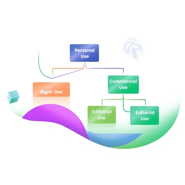 A modern pastel illustration featuring a hierarchy tree diagram. The diagram consists of several levels, each labeled with distinct usage rights categories such as "Personal Use", "Commercial Use", and "Editorial Use". Each level is connected with lines, creating a clear visual flow. The text within each box is displayed in easy-to-read fonts. The background is a soft, light color to enhance the visibility of the tree diagram elements.