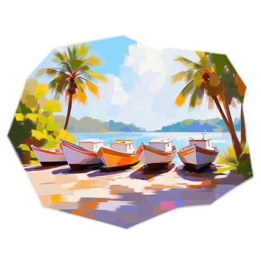 Antique boats are lined up along the Congo Riverbank, each showcasing intricate designs that reflect the maritime history of the region. The boats vary in size and shape, with some featuring wooden hulls that exhibit weathered textures and faded paint. Nearby, the lush greenery of tropical vegetation frames the scene, with palm trees swaying gently in the breeze. In the background, the flowing water of the Congo River glistens under the sunlight, creating a vivid contrast against the earthy tones of the boats. The sky above is clear, allowing for a bright and lively atmosphere, enhancing the historical significance of this coastal display.