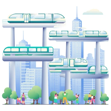 A complex network of elevated trains and pods is moving smoothly above a bustling city. The trains have sleek, metallic designs with bright blue and green accents, gliding along shiny tracks. Below, the cityscape features a variety of buildings, including tall skyscrapers with glass façades reflecting the sunlight. On the streets, small crowds of people move about, with some looking up at the trains. There are green trees and parks interspersed throughout the urban environment, providing a contrast to the concrete structures. The sky is clear with a few fluffy clouds, enhancing the vibrant atmosphere of the scene.
