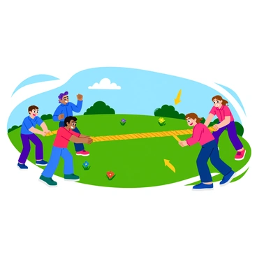 A group of four children is engaged in a tug of war, each pulling on a thick rope that lies at the center. Two children on one side are wearing bright blue shirts, while the other two on the opposing side are in vibrant red shirts. The children are showing various expressions of determination and excitement. The rope has bold arrows drawn along its length, clearly indicating the opposing forces being exerted by each group. The grassy field beneath them is dotted with colorful flowers, and a clear blue sky is visible above.