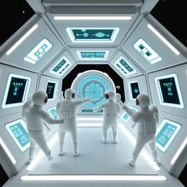 A large, futuristic space station with sleek metallic surfaces and illuminated panels. In the center, there is a high-tech control panel, displaying various glowing screens and buttons. Several astronauts, wearing advanced space suits with reflective visors, are floating around the control panel. One astronaut is reaching out to touch a screen, while another is observing data on a floating display. The background is filled with large viewports showing distant stars and planets outside the space station.