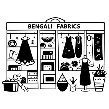 A shop interior filled with an array of Bengali fabrics and sarees, neatly arranged on wooden shelves and hanging rods. The fabrics display intricate patterns and textures, showcasing various traditional designs. Some sarees are draped elegantly over mannequins, while others are neatly folded and stacked. There are decorative elements, such as traditional embroidery tools and small baskets, scattered around the shop, enhancing the artisanal feel of the environment. The words "Bengali Fabrics" are prominently displayed on a sign above the main display area.