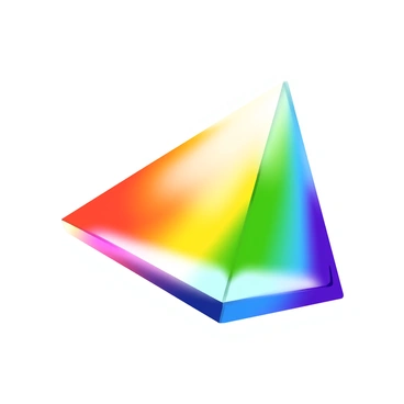 A clear crystal prism positioned at an angle, with light entering from one side. The light refracts through the prism, creating a vibrant spectrum of colors that spreads across a smooth white surface below. The colors transition smoothly from red to orange, yellow, green, blue, indigo, and violet, forming a striking arc of hues. The prism has sharp edges and a faceted surface that enhances the light effect.