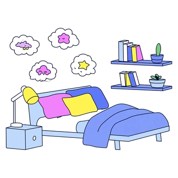 A cozy bedroom illustration showing how the amygdala influences dreams during sleep with whimsical dream bubbles.