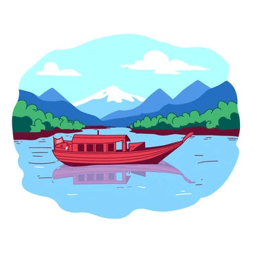 A red traditional riverboat is sailing down a wide river. The river is gently flowing, with clear reflections of the boat on the water's surface. In the background, there are majestic blue mountains rising on the horizon. The sky above is bright with a few white fluffy clouds scattered across it. The riverbanks are lined with lush green trees, adding depth to the scene. The boat has intricate white detailing along its sides, with a small flag waving in the gentle breeze.