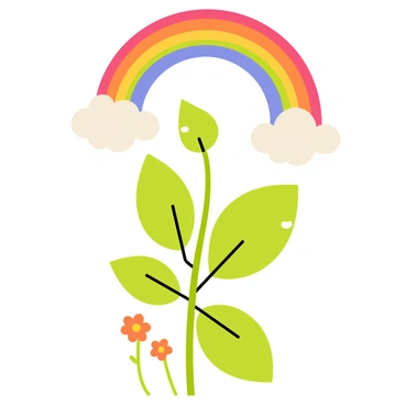 A sweet bean plant with lush green leaves sits centered in the image, its leaves glistening with droplets of water from a recent light rain. Above, a vibrant rainbow arches across the sky, displaying bands of bright colors including red, orange, yellow, green, blue, and purple. The background features fluffy white clouds, with the sunlight breaking through, illuminating the scene. Tiny flowers bloom beside the bean plant, adding pops of color to the composition.