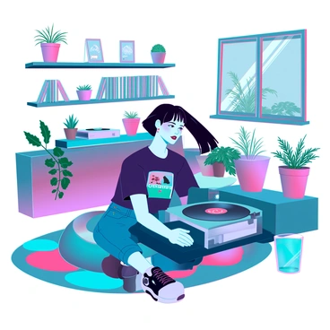 An emo individual with dyed black hair featuring bright streaks and heavy bangs, wearing a dark graphic t-shirt and skinny jeans, sits comfortably on a vintage bean bag. They have multiple piercings and dark eyeliner that accentuates their facial features. Surrounding them is a retro-inspired living room filled with various potted plants, including ferns and succulents. A colorful rug lies underneath, and a shelf filled with vinyl records hangs on the wall. The individual focuses intently on a turntable, where a vinyl record spins, releasing sound into the cozy atmosphere of the room. Soft light filters through a nearby window, casting gentle shadows across the space.