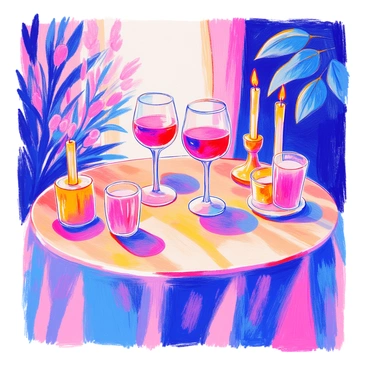 A cozy setting with two glasses of wine and candles casting a warm glow on a soft tablecloth.