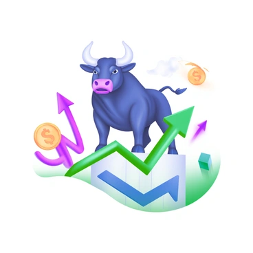 A strong bull standing triumphantly atop a stock market graph. The bull has a shiny, muscular body, with defined features and a powerful stance. Below the bull, the graph showcases rising lines in green and blue, indicating upward trends. In the background, there are stylized elements like dollar signs and arrows, emphasizing financial success. The overall composition conveys a sense of strength and prosperity.