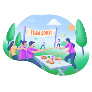 A scene depicting a team of employees enjoying an outdoor company retreat. In the foreground, a group of five individuals is engaged in a game of tug-of-war, smiling and pulling on a thick rope. Nearby, a picnic table is set with colorful snacks and beverages, while a few other employees are playing frisbee in the background. Lush green trees surround the area, and bright blue skies fill the overhead space. In the distance, a banner reads "Team Spirit" in bold, cheerful letters, adding to the festive atmosphere.