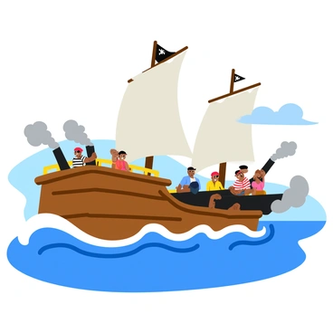 A wooden pirate ship with tattered sails is docked in turbulent waters. Several pirates are loading large black cannons positioned along the ship's side. The pirates are wearing striped shirts, bandanas, and eye patches. Smoke billows dramatically from the cannons as they are fired, creating a gray cloud that rises into the air. The ocean waves crash against the ship's hull, creating splashes of white foam. In the background, a cloudy sky adds to the intensity of the scene.