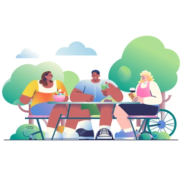 A group of three cyclists is sitting at a picnic table in a bright park, each smiling and discussing their workout. The first cyclist, a woman with long brown hair, is holding a bowl filled with sliced fruits, while the second cyclist, a man with short black hair, is sipping from a green smoothie in a clear cup. The third cyclist, a woman with curly blonde hair, is reaching for a granola bar wrapped in a colorful paper. Their bicycles are parked nearby, with helmets resting on the table. A bright blue sky and lush green trees surround them, enhancing the lively atmosphere of post-workout nutrition and recovery.