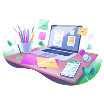 A close-up view of an office desk filled with various colorful stationery items. There are pens and markers in vibrant shades of pink, blue, and yellow, arranged in a small cup. Sticky notes in different colors are scattered across the desk, some with handwritten reminders. A sleek laptop sits open next to a smartphone displaying a notification. There are also a few gadgets like a mini clock and a pair of headphones. The desk is made of smooth wood, and sunlight streams in, casting soft shadows on the surface.