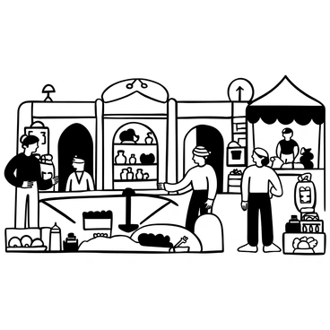 An ancient marketplace scene with merchants using a primitive form of a triple beam balance