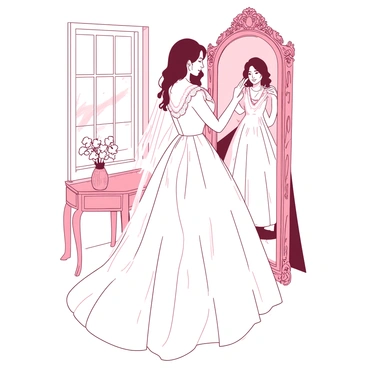 A white bride is adjusting her delicate veil in front of a large ornate mirror. Her long flowing gown is intricately designed, with lace details cascading down. The bride has a serene expression on her face, with a soft smile as she gazes at her reflection. Sunlight gently filters through a nearby window, softly illuminating the scene. On a small table beside her, there are a few white flowers arranged in a simple vase. The background features elegant decor that complements the bridal moment.