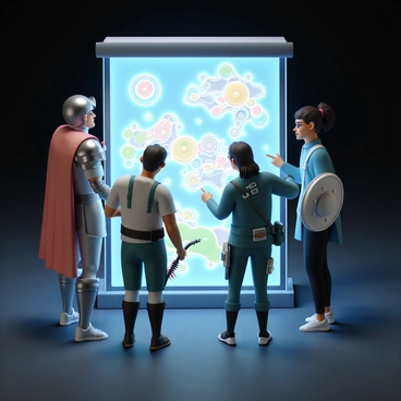 A group of five heroes stands around a glowing "holographic strategy map" that displays a colorful, intricate layout of a battlefield. Each hero has a distinct appearance: a tall warrior in silver armor with a red cape, a nimble archer wearing green leather gear and a quiver full of arrows, a powerful mage dressed in blue robes with glowing runes, a tech-savvy engineer in goggles and a tool belt, and a fierce female warrior in dark battle gear with a shield. They are all focused, leaning in towards the map, some pointing at specific locations, while others engage in animated conversation, their expressions serious and determined. The surroundings are dimly lit, emphasizing the bright light of the map, creating a tense yet collaborative atmosphere.