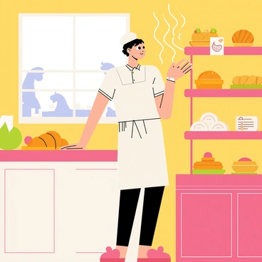 An artisan standing in a vibrant bakery adorned with colorful displays of fresh pastries. The artisan, wearing a white apron and a chef's hat, is expertly shaping dough on a wooden countertop. Various pastries, such as croissants, éclairs, and fruit tarts, are beautifully arranged on shelves and trays around the baker. A window in the background reveals a glimpse of busy shoppers outside, while swirling lines of steam rise in the air, hinting at the delightful aromas of baked goods. "Fresh pastries" and "delicious treats" are displayed prominently in the scene.