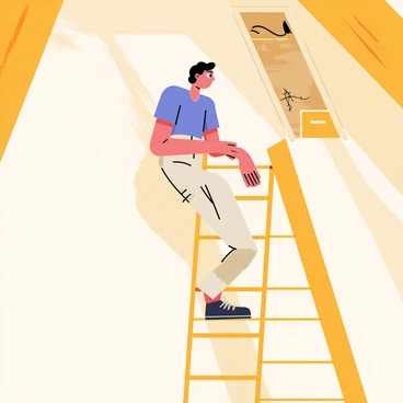 A person with brown hair wearing a blue shirt is climbing a narrow wooden attic ladder. The ladder is surrounded by wooden beams and low ceilings, illustrating the cramped space. The person's legs are bent as they navigate the tight area, and a small, dusty attic filled with boxes and cobwebs is visible at the top of the ladder. Soft light filters through a small window, casting shadows on the walls.