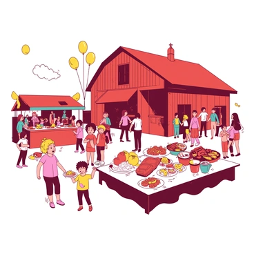 A vibrant scene depicting a community festival with groups of people gathered in front of a rustic barn. The barn is painted in a warm red color, and there are colorful booths set up around it, displaying various games and food items. Children are playing games with bright smiles on their faces, while adults chat and enjoy food from nearby stalls. A few people are carrying plates filled with food, including grilled meats and colorful fruits. Balloons in shades of yellow float above the crowd, adding to the festive atmosphere. A long table is seen to one side, covered with an array of homemade treats and snacks, inviting everyone to partake.