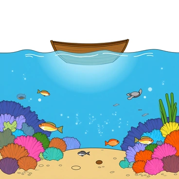 A small wooden boat floats gently on the surface of the water. From beneath the boat, the view reveals a vibrant underwater scene teeming with marine life. Colorful fish of various shapes and sizes swim gracefully around coral reefs, which display a mix of bright blues, pinks, and yellows. Small bubbles rise from the ocean floor, where a sandy substrate is scattered with shells. A playful sea turtle glides by, and nearby, a school of tiny silver fish darts in unison, creating a shimmering effect in the water. Sunlight filters down from above, illuminating the lively underwater environment.