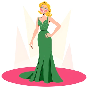 A pin-up girl with wavy, shoulder-length hair is striking a pose in an elegant, flowing evening gown. The gown is a deep shade of emerald green, adorned with sparkling sequins that catch the light. She stands confidently on a vibrant red carpet, with her hand on her hip and a playful smile. Her makeup is bold, featuring bright red lipstick and perfectly defined eyeliner. The background includes soft spotlight effects creating a glamorous atmosphere. The scene conveys a sense of celebration and style.