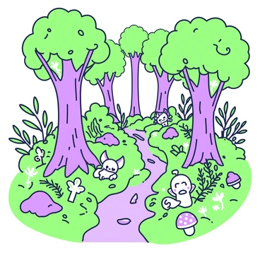 A lush forest scene is depicted on an illustration board. Tall trees with thick trunks and abundant foliage create a dense canopy. Various plants with luminescent qualities emerge from the forest floor, glowing softly in shades of green and purple. Among the foliage, small hidden creatures can be seen peeking out, with delicate features and unique forms. Some of these creatures have translucent wings, while others have playful expressions. A gentle stream winds its way through the forest, reflecting the glow from the plants and illuminating the surroundings. Ferns and mushrooms add texture to the forest floor, enhancing the mystical atmosphere of the scene.