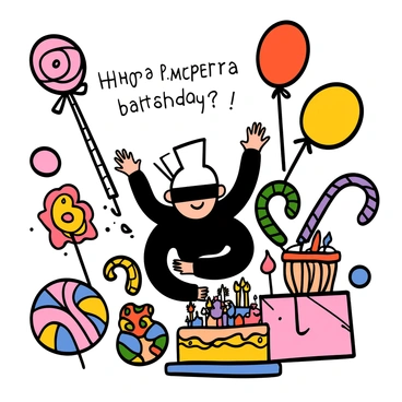 A character with white spiky hair and wearing a black blindfold, dressed in a black outfit, is joyfully celebrating in a candyland-themed birthday setting. Surrounding him are giant lollipops in vibrant colors, towering candy canes, and oversized sweets with bright wrappers. There are colorful balloons floating in the air, and a large birthday cake decorated with various candies and frosting sits on a table nearby. The scene is filled with a sense of fun and festivity.