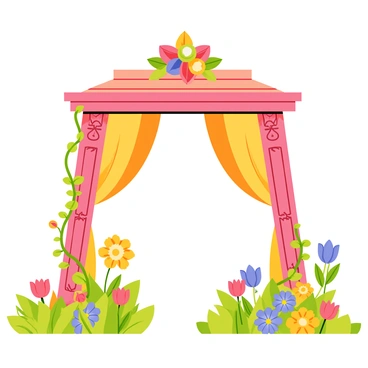 A mandap with intricately carved wooden pillars, decorated with colorful drapes in shades of pink, orange, and yellow. The top of the mandap features a floral arrangement made up of fresh blossoms. Surrounding the mandap is a lush garden filled with blooming spring flowers in vibrant colors, including red tulips, blue daisies, and yellow sunflowers. Green leaves and vines weave throughout the scene, adding to the lively atmosphere of the setting.