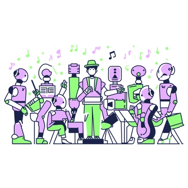 A symphony orchestra is arranged in a concert hall. Each musician is a robot with a unique design, showcasing a variety of shapes and features. The conductor, a tall robot with intricate gears and a baton, stands at the front, leading the ensemble. The string section consists of robots with elongated bodies resembling violins and cellos, each adorned with different patterns. The woodwind section features robots with slender, tube-like forms, complete with various decorative elements. In the brass section, some robots have rounded bodies and bell-shaped mouths, while others display angular designs. The percussion section includes robots with varied heights, some shaped like traditional drums and others resembling xylophones, all equipped with mallets. The hall is filled with music notes floating in the air, symbolizing the harmony being created by this robotic ensemble.