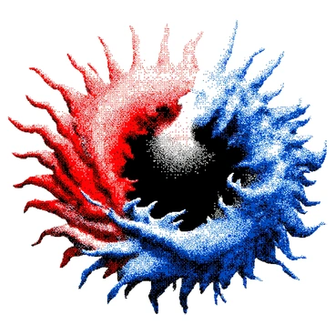 An abstract clash of fiery reds and icy blues meeting at the center