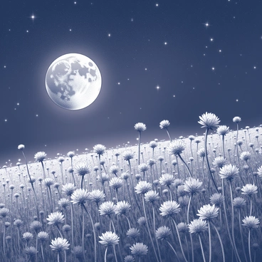 A field of aster flowers under a starry night sky with a full moon