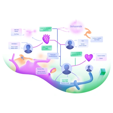 A modern pastel illustration of a family tree diagram. The diagram displays multiple generations, with shapes representing family members connected by lines to indicate hereditary links. Each family member's shape is filled with different pastel colors. There are icons of hearts and arteries placed near specific family members to signify connections to coronary artery disease. Labels identifying each family member's name and their relationship to one another are presented in soft, readable fonts. The overall composition is organized and clear, allowing easy visual tracking of hereditary links.