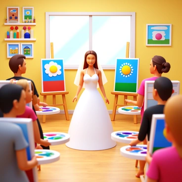 The bride and her friends at a painting class, each creating their own colorful masterpiece