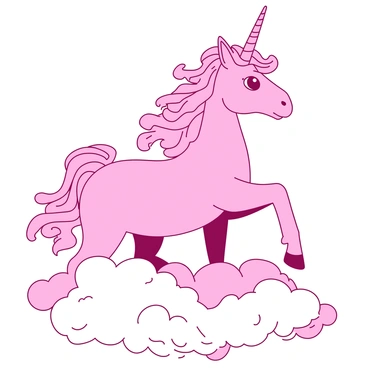 A pink unicorn with a flowing pastel-colored mane is standing gracefully among fluffy white clouds. The unicorn has a shimmering horn that catches the light, and its eyes are large and expressive. The clouds are soft and billowy, creating a dreamy atmosphere around the unicorn. The scene is tranquil, with a gentle breeze seemingly rustling the mane of the unicorn as it looks over the horizon.