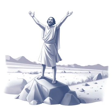 A man, identified as "John the Baptist," stands confidently on a rugged rocky outcrop. He is wearing a simple, flowing garment that drapes around his form. His arms are raised, and his mouth is open as he proclaims loudly to the surrounding wilderness. The landscape features a vast expanse of barren land, with scattered rocks and sparse vegetation extending into the distance. In the background, a few distant hills rise against the horizon, completing the scene of solitude and ruggedness.