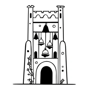 A tall, stone bell tower with intricate gothic architecture stands prominently. Multiple gothic bells are hanging inside the tower, their surfaces detailed with ornate carvings. Shadows cast by the bells create patterns on the stone walls. The surrounding tower features arched windows and decorative stonework. There are vines creeping up the sides of the tower, adding a touch of nature to the structure.
