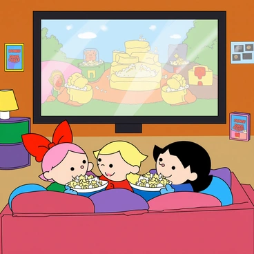 The Powerpuff Girls, consisting of Blossom with her red bow, Bubbles with her blonde pigtails, and Buttercup with her dark hair, are sitting together on a large, colorful couch. They are surrounded by fluffy cushions in various shapes. Each girl is holding a big bowl of popcorn, with some kernels spilling over. The living room is filled with bright, cheerful decorations, including posters on the walls and a plush rug underfoot. A large screen in front displays a colorful movie scene, casting a warm glow in the room, enhancing the cozy atmosphere. The girls are smiling and enjoying their movie night together.
