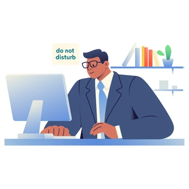 A professional with light skin and short black hair is sitting in front of a computer during a virtual meeting. They are wearing a tailored navy blue suit and a crisp white shirt, with a stylish tie. The individual is looking intently at the screen, and a pair of glasses are perched on their nose. In the background, there is a "Do Not Disturb" sign prominently displayed. The setting includes a modern office with a sleek desk, and a few books and a potted plant visible on the shelf behind.