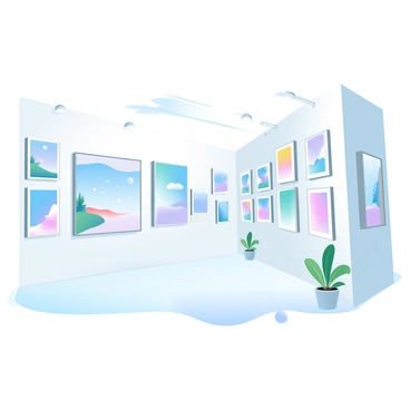A vibrant art gallery with various framed illustrations on white walls