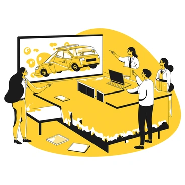 A group of specialists is gathered around a large digital screen displaying a detailed 3D model of a car accident scenario. They are focused on analyzing the model, which includes two cars positioned at angles that suggest a collision. One car is depicted with visible damage to the front, while the other shows impact marks on the side. The specialists, wearing professional attire, are engaged in discussion, pointing at various elements of the model. Tools such as laptops and tablets are scattered across the table in front of them, creating a working environment that emphasizes their expertise and collaboration.