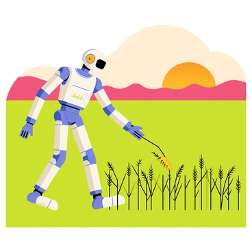 A robot with a sleek metallic body is harvesting crops in a vibrant green field. The robot has articulated arms extending towards tall stalks of wheat, carefully pulling them from the ground. In the background, a colorful sunset casts warm orange and pink hues across the sky, illuminating the scene. Silhouetted hills can be seen in the distance, completing the picturesque landscape.