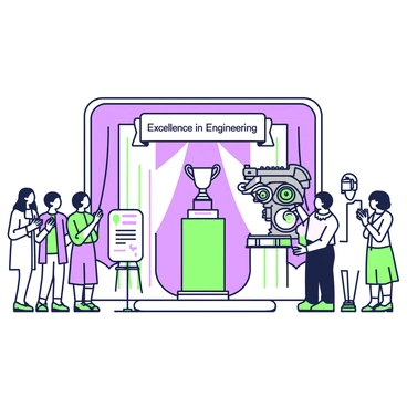An award ceremony is taking place in a spacious hall decorated with elegant drapes. In the center, a podium is adorned with a large trophy that features a unique car engine design. To the left of the podium, there is a framed certificate displayed on a stand, emphasizing the achievement. A diverse group of attendees is gathered around the podium, some clapping and others capturing the moment with cameras. On the right, a large screen shows an image of the revolutionary car engine, highlighting its innovative features. Above the podium, a banner reads "Excellence in Engineering." The atmosphere is filled with excitement and celebration.
