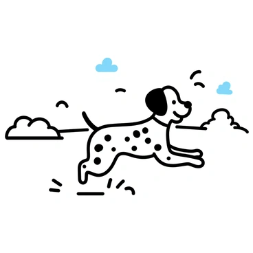 A dalmatian with distinct black spots is playing in a snowy landscape. Its fur is dotted with gentle snowflakes, showcasing a playful demeanor as it leaps through the soft, white snow. The dog appears joyful, with its ears perked up and tail wagging. In the background, there are mounds of snow, and a few snowflakes are falling from a lightly clouded sky.